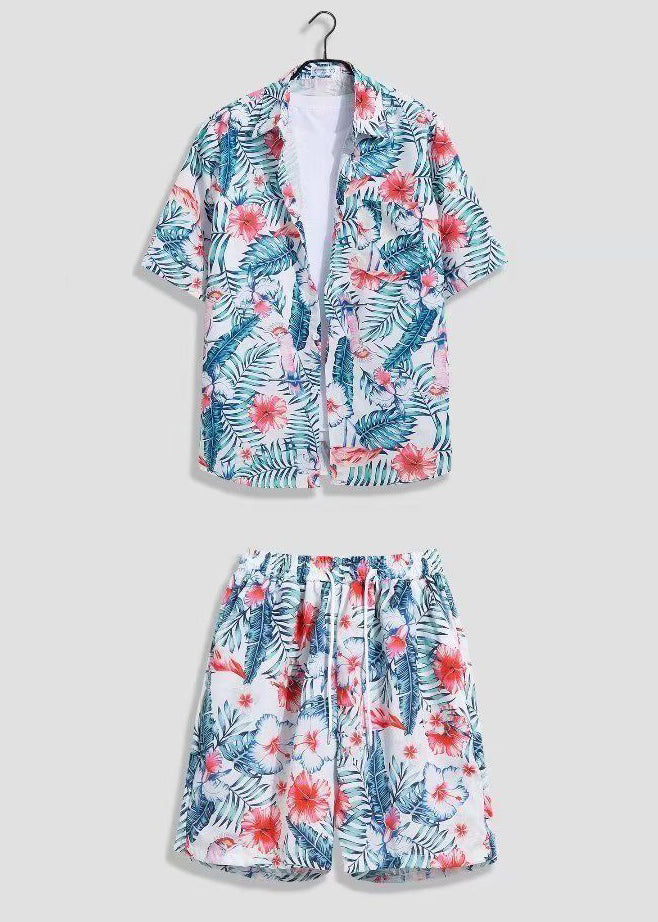White Print Shirts and Shorts Ice Silk Two Pieces Set Summer Hg064