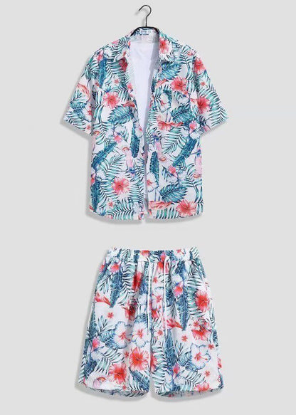 White Print Shirts and Shorts Ice Silk Two Pieces Set Summer Hg064