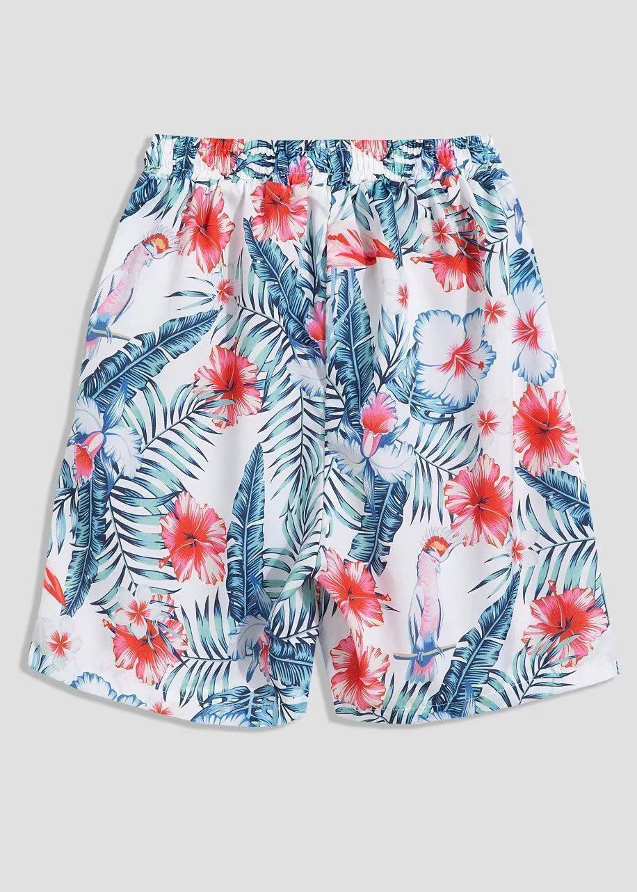 White Print Shirts and Shorts Ice Silk Two Pieces Set Summer Hg064