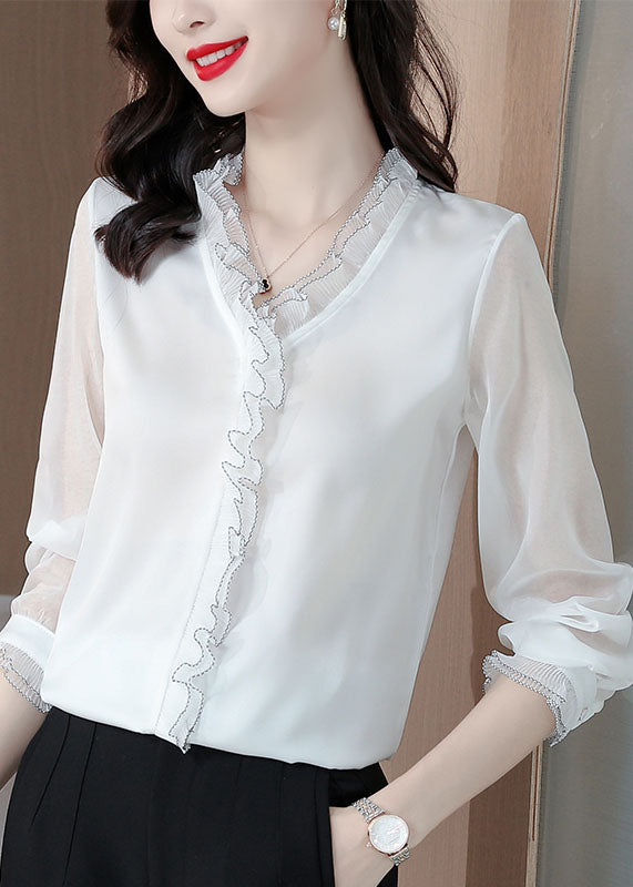 White Ruffled Patchwork Silk Blouses Long Sleeve Ly0481
