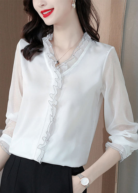 White Ruffled Patchwork Silk Blouses Long Sleeve Ly0481