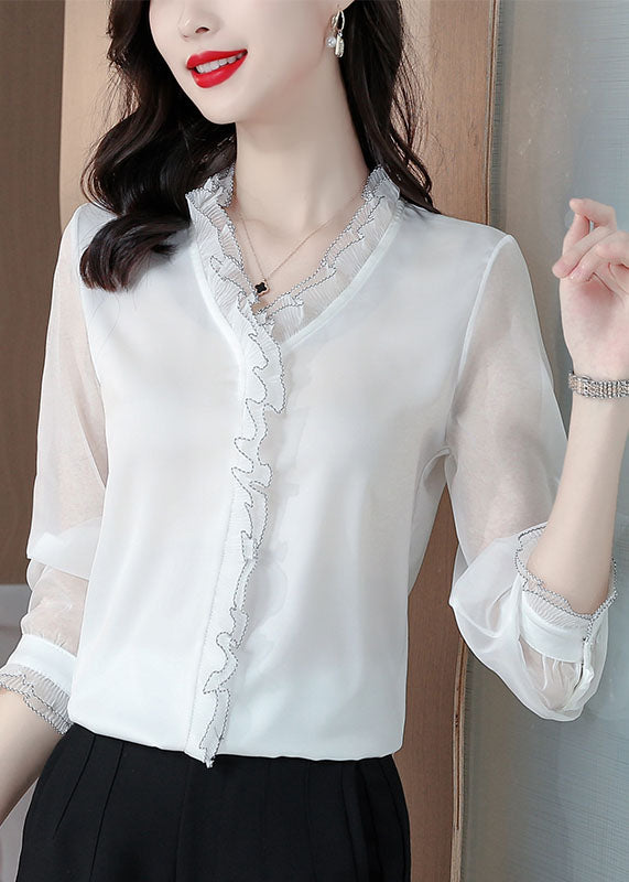 White Ruffled Patchwork Silk Blouses Long Sleeve Ly0481