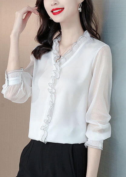 White Ruffled Patchwork Silk Blouses Long Sleeve Ly0481