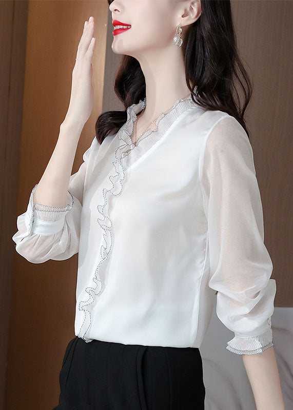 White Ruffled Patchwork Silk Blouses Long Sleeve Ly0481