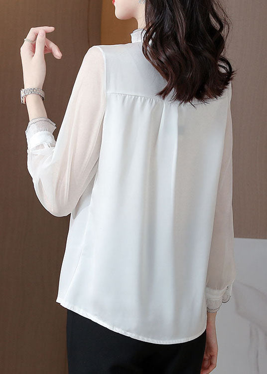 White Ruffled Patchwork Silk Blouses Long Sleeve Ly0481