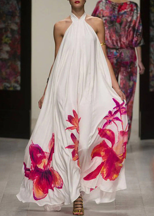 White Summer Sundress Halter Print Long Dresses Lc0003