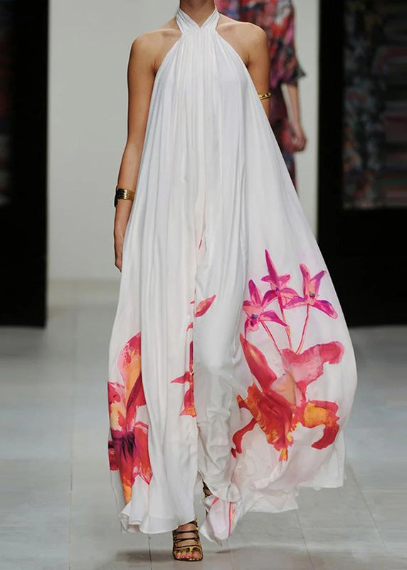 White Summer Sundress Halter Print Long Dresses Lc0003