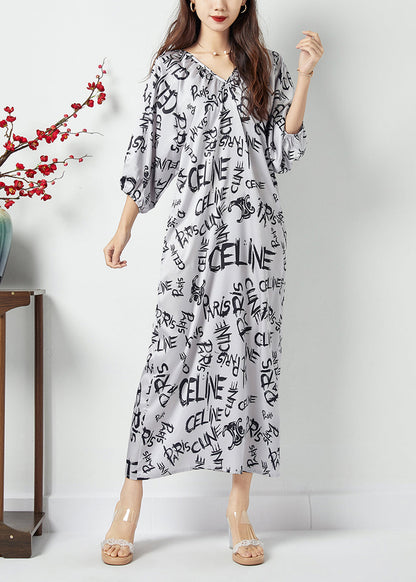 White V Neck Letter Print Wrinkled Chiffon Long Dress Batwing Sleeve Lc0395