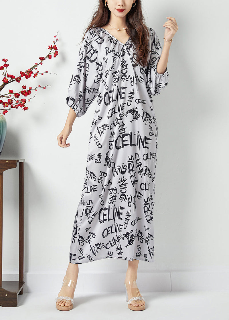 White V Neck Letter Print Wrinkled Chiffon Long Dress Batwing Sleeve Lc0395