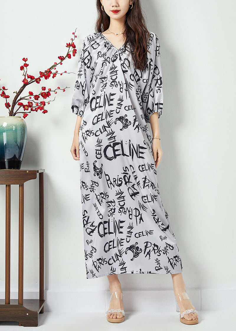 White V Neck Letter Print Wrinkled Chiffon Long Dress Batwing Sleeve Lc0395