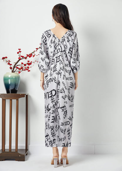 White V Neck Letter Print Wrinkled Chiffon Long Dress Batwing Sleeve Lc0395