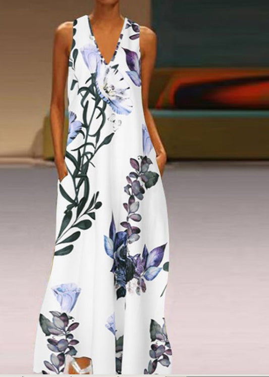 White V Neck Print Long Dresses Summer Lc0057