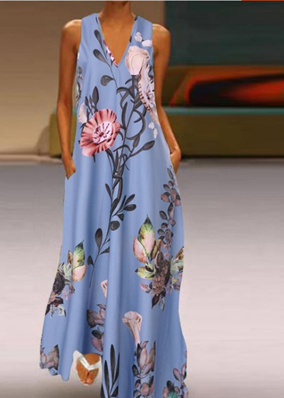 White V Neck Print Long Dresses Summer Lc0057