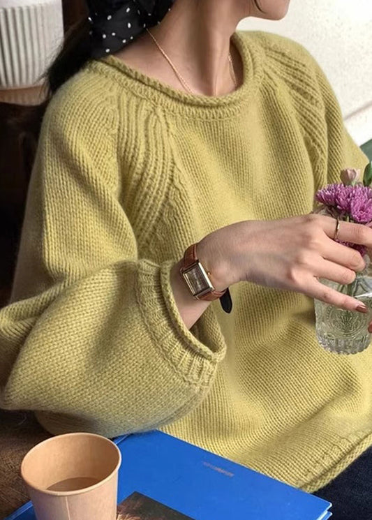 Yellow O Neck Patchwork Cozy Knit Sweaters Long Sleeve Tu044
