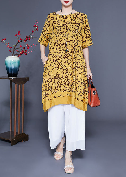 Yellow O-neck Print Silk Maxi Dress Summer Lc0412