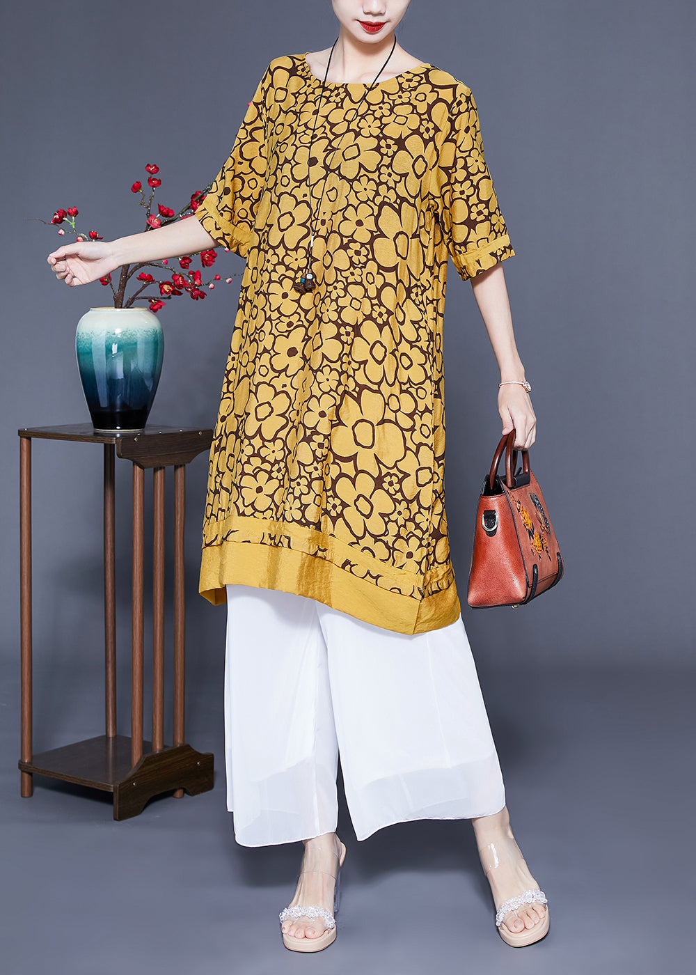 Yellow O-neck Print Silk Maxi Dress Summer Lc0412