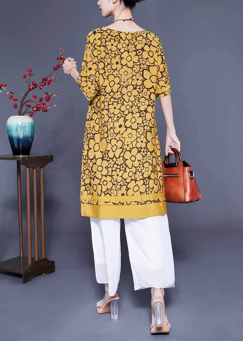Yellow O-neck Print Silk Maxi Dress Summer Lc0412