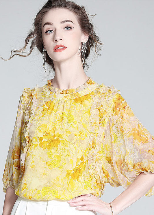 Yellow Ruffled Print Silk Blouse Tops Bracelet Sleeve Ly0144