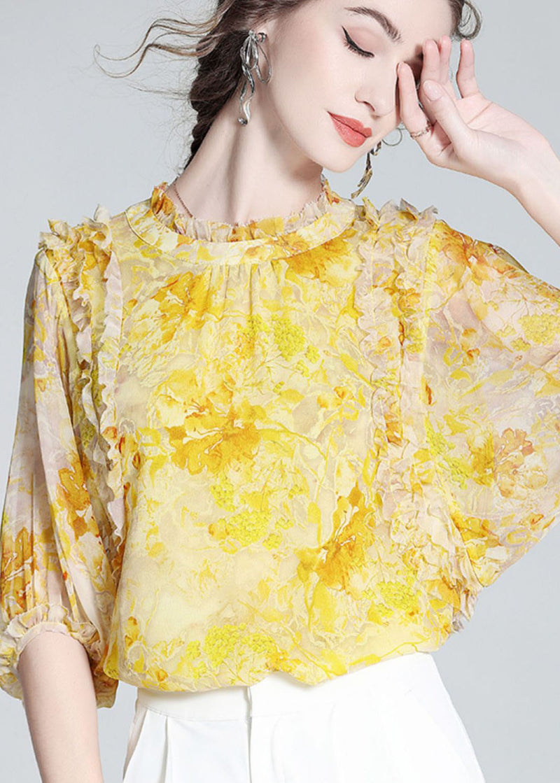 Yellow Ruffled Print Silk Blouse Tops Bracelet Sleeve Ly0144