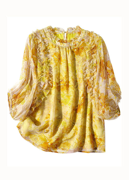 Yellow Ruffled Print Silk Blouse Tops Bracelet Sleeve Ly0144