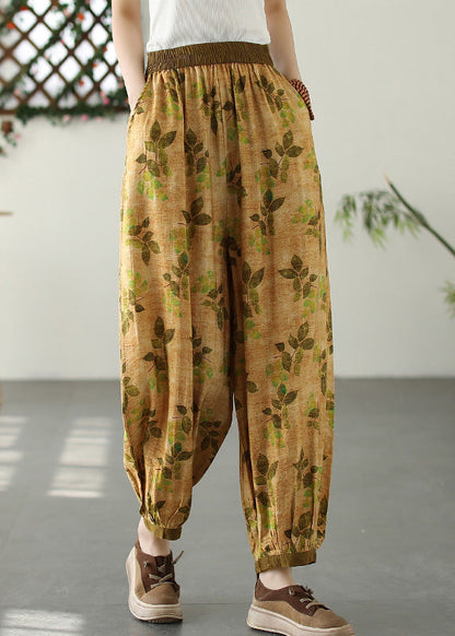 Yellow Wrinkled Elastic Waist Crop Lantern Pants Tq1057