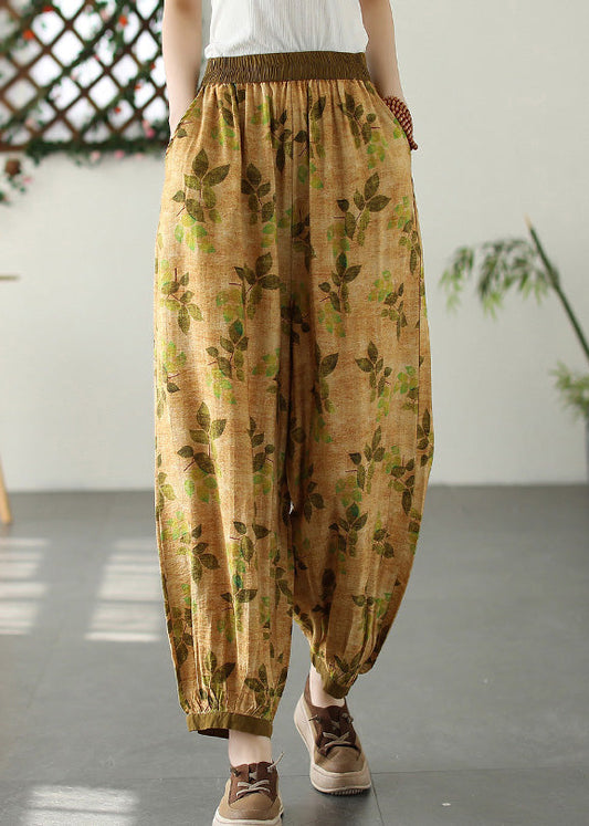 Yellow Wrinkled Elastic Waist Crop Lantern Pants Tq1057