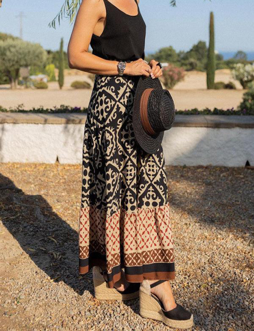 Baroque Tribal Print Maxi Skirt in Black