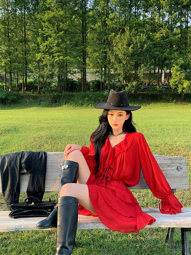 Red Ruffle Sleeve Two-piece Set Western Desert Adventure Outfit