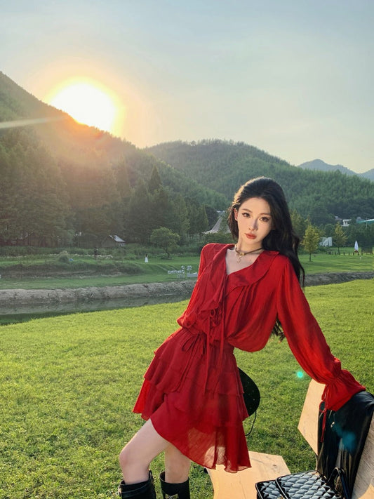 Red Ruffle Sleeve Two-piece Set Western Desert Adventure Outfit