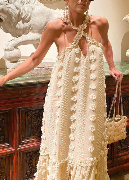 Beige Neck Tie Patchwork Holiday Maxi Dresses Summer Ly1956