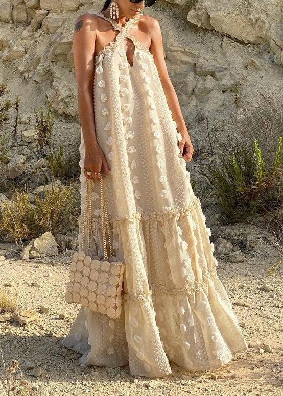 Beige Neck Tie Patchwork Holiday Maxi Dresses Summer Ly1956