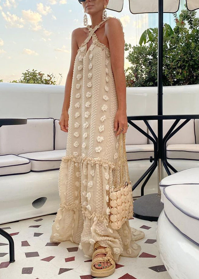 Beige Neck Tie Patchwork Holiday Maxi Dresses Summer Ly1956