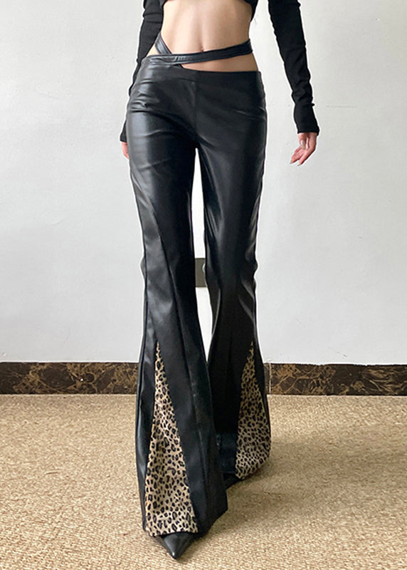 Black Pu Spring Patchwork Pants Leopard Asymmetrical