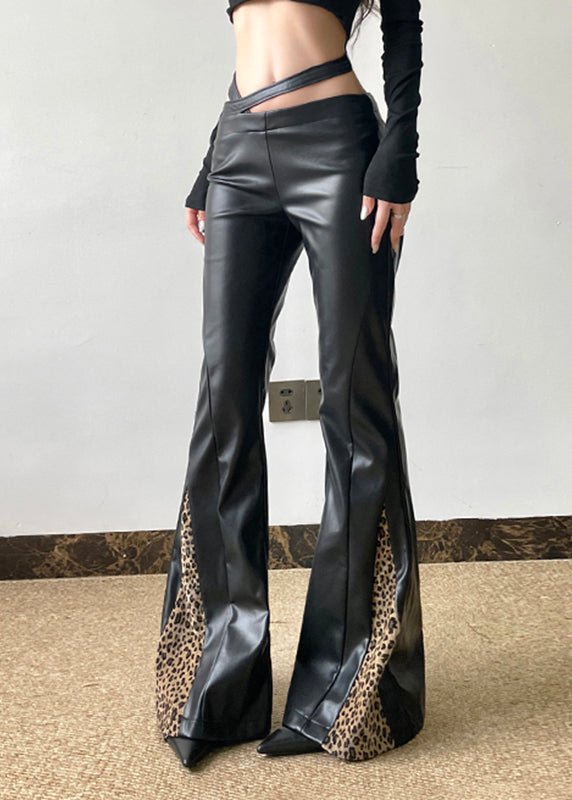 Black Pu Spring Patchwork Pants Leopard Asymmetrical