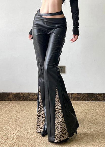 Black Pu Spring Patchwork Pants Leopard Asymmetrical