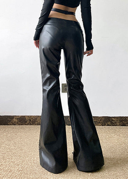 Black Pu Spring Patchwork Pants Leopard Asymmetrical