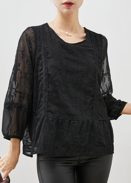 Black Embroidered Tulle Blouse Top Bracelet Sleeve Yu1058