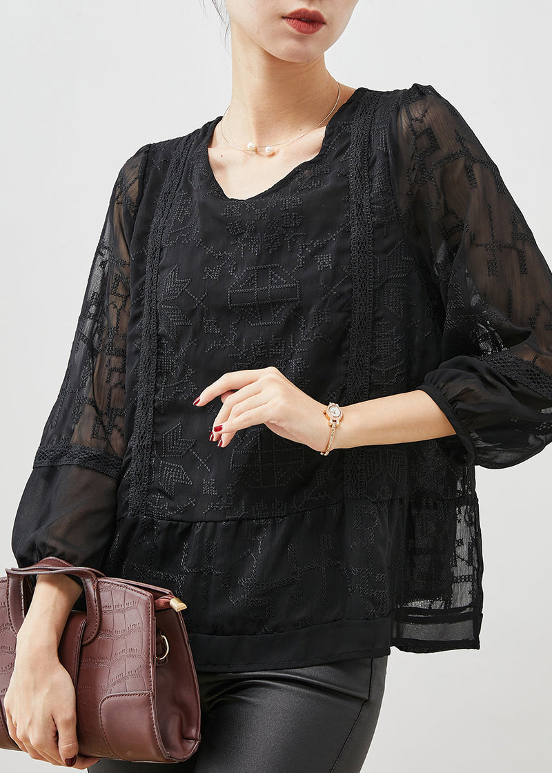 Black Embroidered Tulle Blouse Top Bracelet Sleeve Yu1058