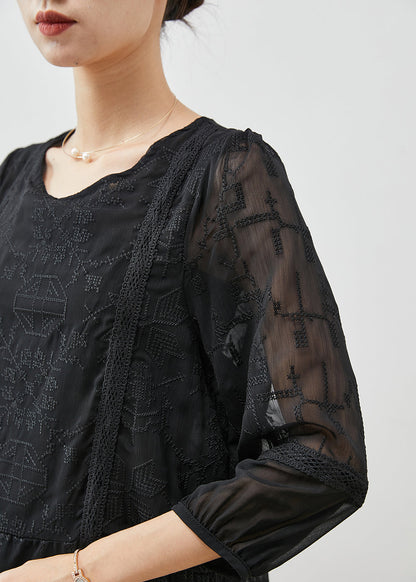 Black Embroidered Tulle Blouse Top Bracelet Sleeve Yu1058