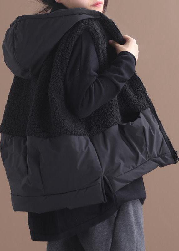 Black Hooded Zippered Pockets Patchwork Winter Waistcoat Qs055