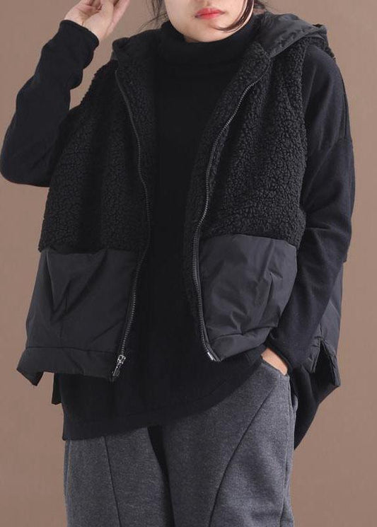 Black Hooded Zippered Pockets Patchwork Winter Waistcoat Qs055