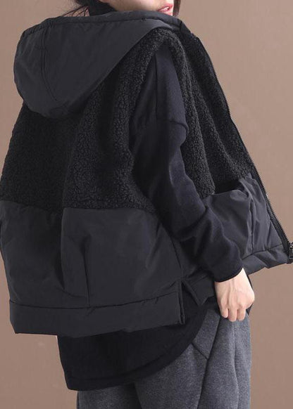 Black Hooded Zippered Pockets Patchwork Winter Waistcoat Qs055
