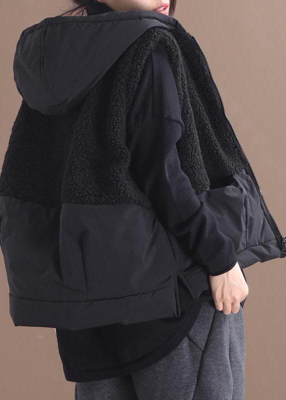 Black Hooded Zippered Pockets Patchwork Winter Waistcoat Qs055