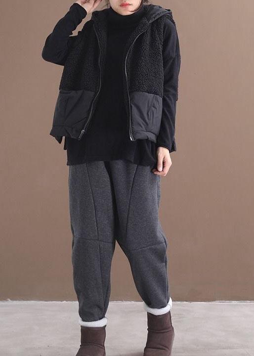 Black Hooded Zippered Pockets Patchwork Winter Waistcoat Qs055