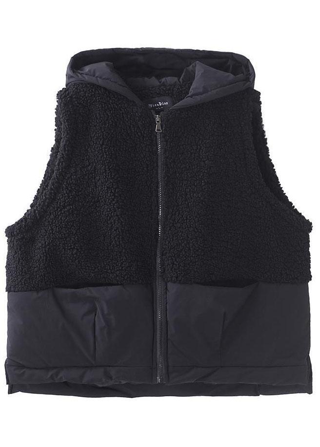 Black Hooded Zippered Pockets Patchwork Winter Waistcoat Qs055