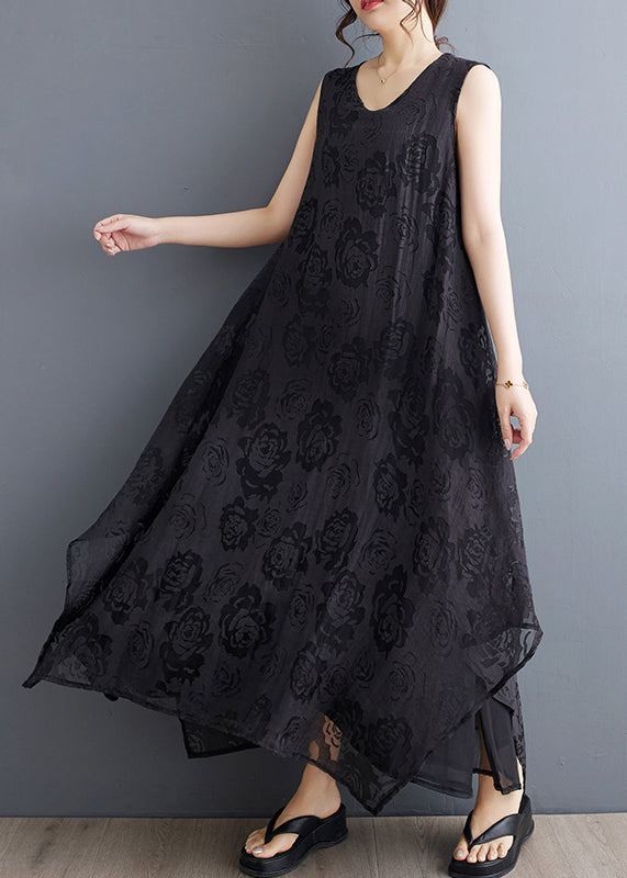 Black O-neck Asymmetrical Hollow Out Holiday Lace Maxi Dress Summer Uu027