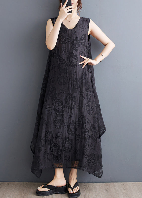 Black O-neck Asymmetrical Hollow Out Holiday Lace Maxi Dress Summer Uu027