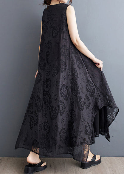 Black O-neck Asymmetrical Hollow Out Holiday Lace Maxi Dress Summer Uu027