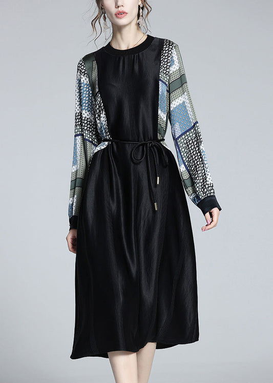 Black O-neck Print Patchwork Tie Waist Satin Vacation Long Dresses Long Sleeve Ly1056