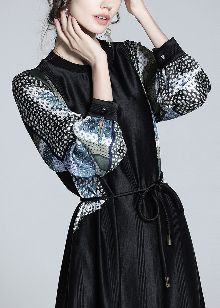 Black O-neck Print Patchwork Tie Waist Satin Vacation Long Dresses Long Sleeve Ly1056